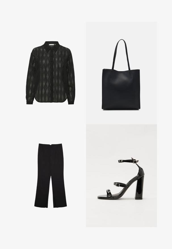 Čierna košeľa na gombíky vyrobená z priesvitnej látky so vzorom diamantov a so špicatým golierom. Dlhé rukávy s gombíkovými manžetami.; Čierne nohavice so strihom rovného strihu, s prednými vreckami a bočnými rozparkami na leme. Vyrobené z mäkkej, hladkej tkaniny. Vhodné na rôzne príležitosti.; Čierne lakované sandále na podpätku so štvorcovou špičkou, navlečenými remienkami okolo členku a striebornými prackami. Disponujú masívnym blokovým podpätkom pre stabilitu.; Čierna kožená taška na rameno s hladkým povrchom, obdĺžnikovým tvarom a dvoma dlhými uchami. Bez viditeľného kovania alebo ozdôb.