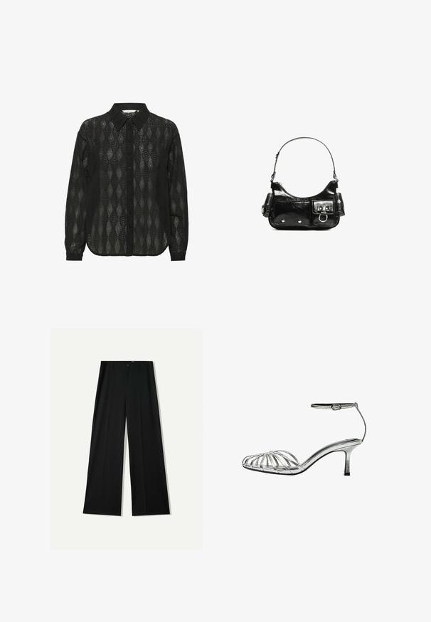 Zwart overhemd met knoopsluiting, gemaakt van doorzichtig stof met een ruitpatroon en een puntige kraag. Lange mouwen met knoopmanchetten.; Bershka WIDE - Broek - black; Zilveren, strapless sandaal met een lage hak, voorzien van meerdere kruislings straps, een enkelbandje met een gesp en een gladde, glanzende textuur.; Zwarte laarzen in lakleer met een gebogen vorm, één schouderband, voorvakken en accenten in zilverkleurig metaal.