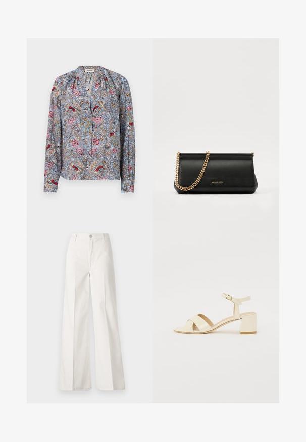 Garās piedurknes blūze ar zilu fona krāsu, uz kuras ir ziedu un insektu raksti rozā, sarkanā un zeltītā krāsā, izgatavota no viegla auduma.; Baltas platfita bikses, izgatavotas no kokvilnas ar gludu tekstūru. Aprīkotas ar priekšējo pogu, rāvējslēdzēju un četru kabatu dizainu.; Bežīgi patentēti ādas sandalītes ar krustenisku siksnu dizainu, atvērtu pirkstu, regulējamu potītes siksnu un bloku papēdi. Gluda tekstūra.; Melns ādas apliecības soma ar zelta ķēdes siksnu, ar gludu tekstūru, taisnstūra formu un izspiestu zīmolu uz priekšpuses.