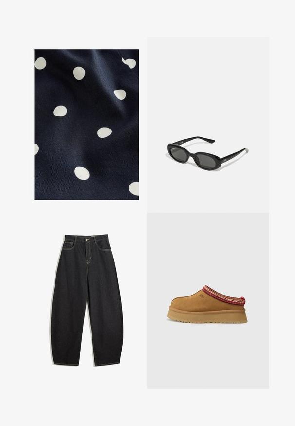 Marineblauer Stoff mit einer glatten Textur, der verstreute weiße Pünktchen in unterschiedlichen Größen zeigt. Das Design ist verspielt und rhythmisch.; Schwarze Denim-Hosen mit weitem Bein und hoher Taille, mit gelben Nähten, zwei Vorderaschen und einem einzigen Knopfverschluss.; Braune Wildleder-Slipper mit rot-creamfarbenem gemusterten Besatz, strukturiertem Absatz und UGG-Logo an der Seite. Verfügt über eine leichte Plattformhöhe.; Schwarze Sonnenbrille mit ovalen Gläsern, glänzendem Kunststoffrahmen und schlanken Bügeln. Mit Ray-Ban-Logo in Weiß an der Seite.; Schwarze Lederhandtasche mit geflochtenen Tragegriffen, texturiertem Oberflächen, einem Reißverschluss-Frontfach und dekorativen Fransenakzenten. Kompakte und strukturierte Form.