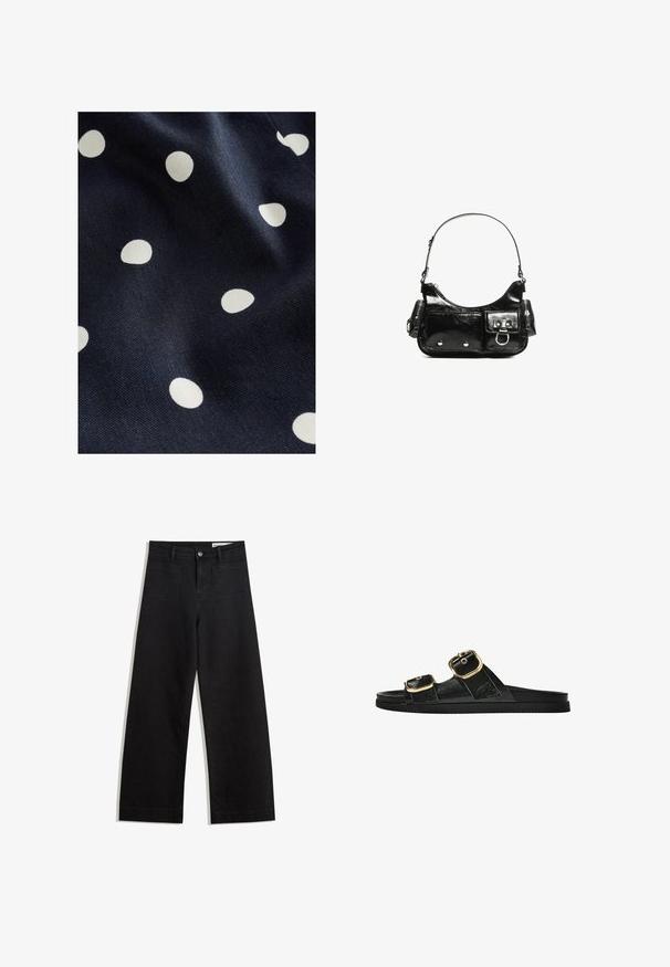 Marinefarvet stof med en glat tekstur, der har spredte hvide polka prikker i forskellige størrelser. Designet er legende og rytmisk.; Sorte wide-leg denim bukser med høj talje, der har front- og baglommer, syede sømme og en knaplukning. Glat tekstur.; Sort skridsandal med to guldspænder, glat tekstureret materiale, flad sål og et minimalistisk design.; Sort patenteret læder håndtaske med en buet form, en skulderrem, frontlommer og hardware accenter i sølvfarve.
