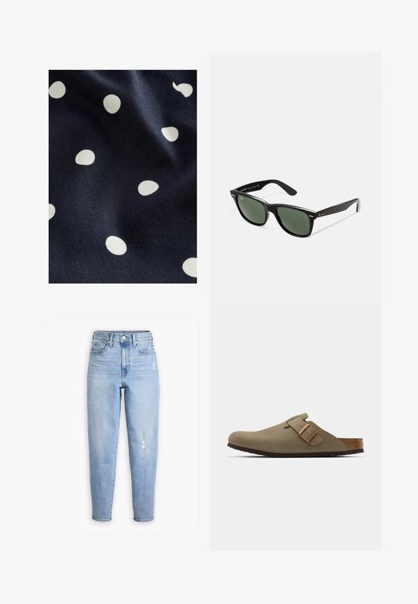 Marmora auduma ar gludu tekstūru, kurā izkaisīti balti punkti dažādos izmēros. Dizains ir rotaļīgs un ritmisks.; Gai zila augsta jostas džinsu bikses, kas izgatavotas no denima, ar taisnu kāju, nelielu nodilumu un mazu plēstu vietu labajā augšstilbā.; Brūni klupi ar gludu, matētu apdari. Sānos ir izteikta bronzas sprādze. Korku iekšējā zolīte un gumijas zole nodrošina komfortu.; Melnas plastmasas saulesbrilles ar zaļiem lēciem, kvadrātveida rāmjiem, sudrabainu akcentu uz uzacīm un teksturētām tempļu kājām. Zīmols norādīts uz iekšējās kājas.