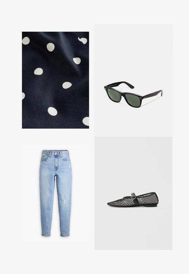Marine stof met een gladde textuur, voorzien van verspreide witte stippen in verschillende groottes. Het ontwerp is speels en ritmisch.; Lichtblauwe hoog waaiersjeans van denim, met een rechte pijp, subtiele vervaging en een klein verwasgebied op de rechterdij.; Call it Spring ELYIAA - Ballerina's - black; Zwarte plastic zonnebril met groene lenzen, vierkante montuur, zilveren accent op de wenkbrauw en een gestructureerde tempel. Merken vermeld op de binnenkant van de arm.