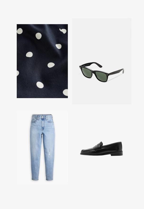 Tessuto blu navy con una superficie liscia, caratterizzato da pois bianchi di diverse dimensioni disposti in modo casuale. Il design è giocoso e ritmico.; Jeans high-waisted di un blu chiaro in denim, con gamba dritta, una leggera sfumatura e una piccola zona scucita sulla coscia destra.; Mocassino in pelle nera con silhouette curva, fascetta decorativa, cuciture texture e suola in gomma piatta. Finitura liscia e design elegante.; Occhiali da sole in plastica nera con lenti verdi, montatura quadrata, dettaglio argento sulla parte superiore e steli con texture. Marchio indicato sulla parte interna dello stelo.