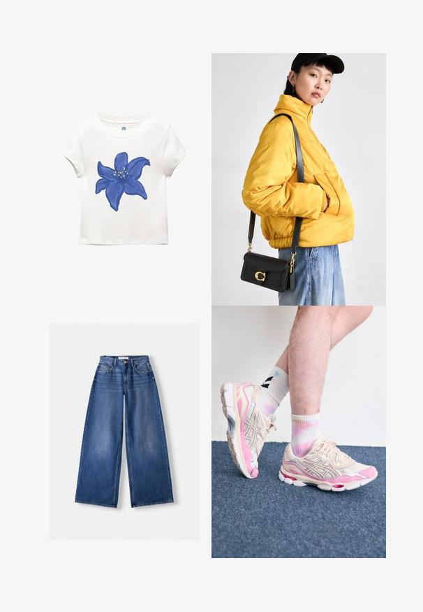 Bílá bavlněná tričko s velkým modrým květinovým motivem se žlutými akcenty, kulatým výstřihem a krátkým rukávem.; Bílý krátký rukáv tričko s designem růžového srdce a písmenem "D" uprostřed, vyrobené z žebrované tkaniny s kontrastními švy.; Bershka WIDE-LEG - Wide leg - dark blue; Beige a růžové sportovní tenisky se stříbrnými akcenty, síťovanými vrstvami a robustní podrážkou. Na nohou jsou barevné, batikované ponožky.; Žlutá vyteplená bunda s vysokým límcem a přední kapsou, doplněná černou kabelkou přes rameno se zlatými detaily. K tomu casual džíny.