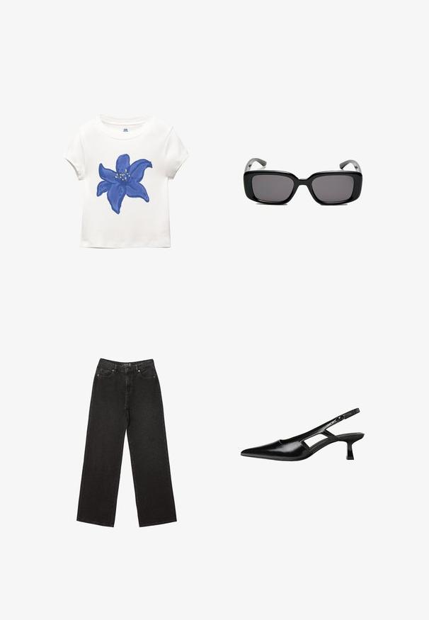 Bílá bavlněná tričko s velkým modrým květinovým motivem se žlutými akcenty, kulatým výstřihem a krátkým rukávem.; Černé široké džíny vyrobené z denimu, s malými tečkovanými vzory, klasickým pětikapsovým designem a zapínáním na knoflík a zip.; Černé lakované lodičky na podpatku se špičatou špičkou, výřezovým designem na boku a malým čtvercovým podpatkem. Hladká textura s minimálními akcenty.; Černé obdélníkové sluneční brýle s tmavými skly, hladkým plastovým rámem a zakřivenými stranicemi. Design je robustní s minimalistickou estetikou.