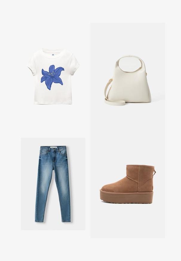 Biela bavlnená tričko s veľkým modrým kvetinovým grafickým vzorom so žltými akcentmi, okrúhlym výstrihom a krátkymi rukávmi.; Modré denimové skinny džínsy s piatimi vreckami, zipsom a opotrebovaným vzhľadom so svetlými miestami na prednej strane a výrazným stehom.; Hnedé semišové členkové čižmy s platformou, okrúhlou špičkou a zdobením stehov; majú slučku zozadu pre jednoduché obúvanie.; Krémová kabelka so štruktúrovaným dizajnom, kruhovou rukoväťou a odnímateľným ramenným popruhom. Vyrobená z hladkého materiálu s jemnou textúrou.