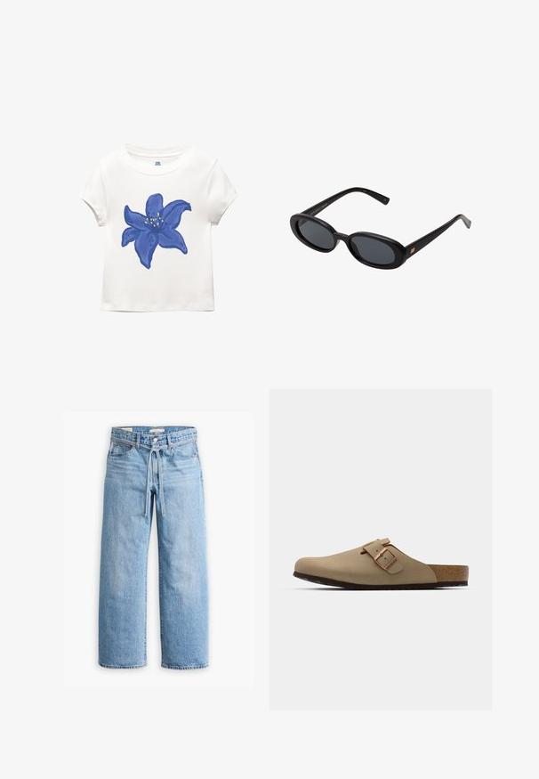 Bela bombažna majica z velikim modrim cvetnim motivom s hladnimi rumenimi poudarki, okroglim izrezom in kratkimi rokavi.; Svetlo modri traper široki hlače z visokim pasom, z gumbom in zadrgo ter detajlom s povezanico v pasu. Neobdelan rob.; Bežna klompa z zaobljenim nosom, nastavljivim sponko in korčnim podplatom. Teksturirana površina s črnim gumijastim podplatom za oprijem.; Črne oversize sončne očala z ovalnimi lečami, gladkim plastičnim okvirjem in zlatenimi detajli na templjih. Temne leče zagotavljajo zaščito pred soncem.