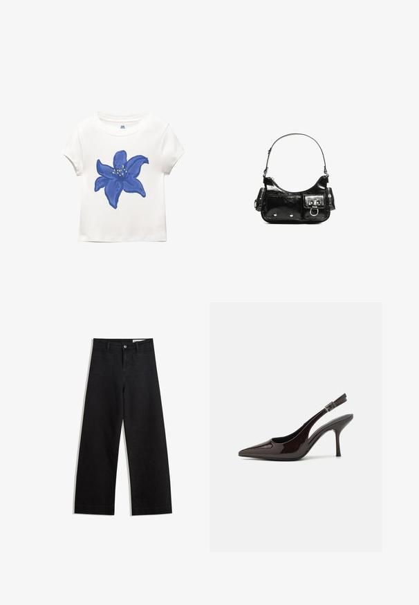 Biela bavlnená tričko s veľkým modrým kvetinovým grafickým vzorom so žltými akcentmi, okrúhlym výstrihom a krátkymi rukávmi.; Čierne denimové nohavice s širokými nohavicami a vysokým pásom, so prednými a zadnými vreckami, šitými švami a zapínaním na gombík. Hladká textúra.; Slingback vysoké opätky v lesklej tmavohnedej lakovej koži, so špicatou špičkou, otvorenými stranami a nastaviteľným remienkom na členku.; Čierna laková kožená kabelka s ohnutým tvarom, jedným ramenným popruhom, prednými vreckami a striebornými kovovými doplnkami.