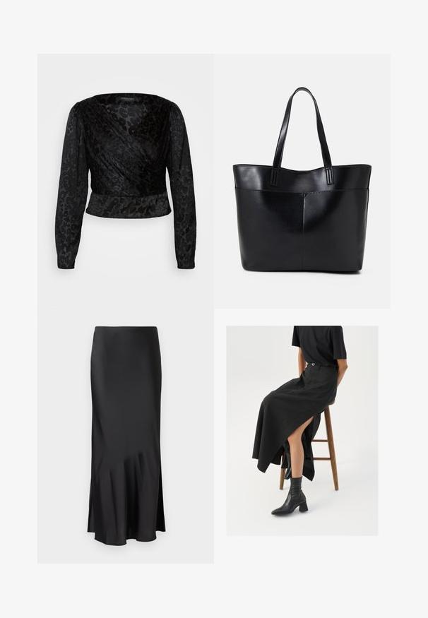 Černý top se zavinovacím designem, který má dlouhé průhledné rukávy a texturovaný leopardí vzor. Materiál je hladký, má fitted siluetu a výstřih do V.; Černá saténová midi sukně s elegantním designem, která má mírný rozšířený lem a boční rozparek pro pohodlný pohyb. Hladká textura.; Černá maxi sukně z lnu s vysokým rozparkem, nošená s černým tričkem a černými kotníkovými botami. Minimalistický design s volným střihem.; Černá kožená taška s dlouhými ušima, hladkým povrchem a strukturovaným tvarem. Obsahuje přední kapsu pro další úložný prostor.