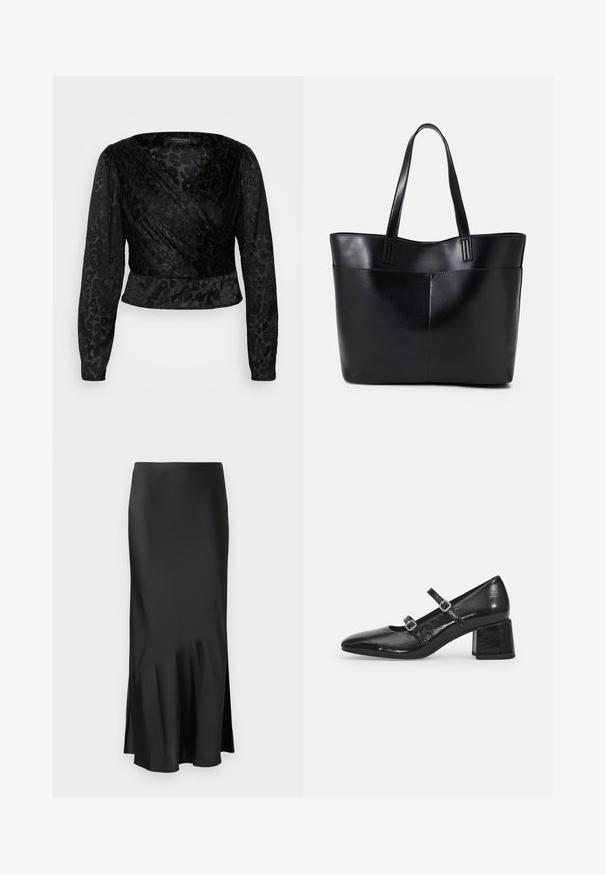 Črn top z ovitkom z dolgimi prosojnimi rokavi in teksturiranim leopardjim vzorcem. Tkanina je gladka, s prilegajočim se silhueto in V-izrezom.; Črna satenska midi krila z elegantnim dizajnom, ki ima rahlo razširitev na robu in stranski razporek za enostavno gibanje. Gladka tekstura.; Črne lakaste Mary Jane čevlje s koničastim nosom, dvema prilagodljivima trakoma in robustnim blokom pete. Gladka tekstura in sijajen zaključek.; Črna usnjena torba z dvema dolgima ročajema, gladko teksturo in strukturirano obliko. Ima sprednji žep za dodatno shranjevanje.