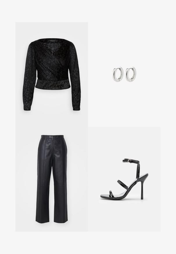 Schwarzes Wickeloberteil mit langen, transparenten Ärmeln und einem strukturierten Leopardenmuster. Der Stoff ist glatt, hat eine taillierte Silhouette und ein V-Ausschnitt-Design.; Schwarze Lederhosen mit hoher Taille, weitem Bein-Design und vertikalen Nahtdetails. Glatte Textur mit glänzendem Finish.; Schwarze Lackleder-High-Heel-Sandalen mit drei horizontalen Riemen und einem verstellbaren Knöchelriemen. Schlanke Silhouette und glänzende Oberfläche.; Silberne Creolen mit einem polierten Finish, die ein kreisförmiges Design und nahtlose Scharniere aufweisen und eine glatte Textur präsentieren.