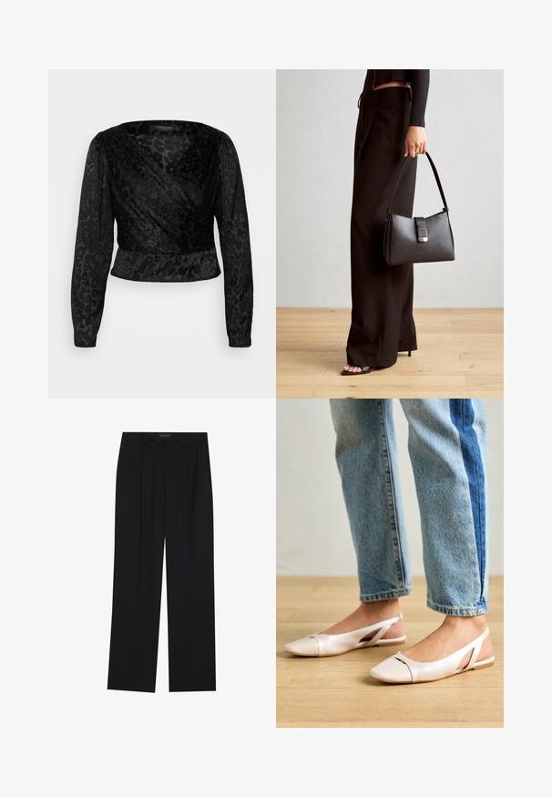 Crna bluzica sa dugim prozirnim rukavima i teksturiranim uzorkom leoparda. Tkanina je glatka, sa uskim krojem i dizajnom u obliku slova V.; Crne hlače ravnog kroja, s dva prednja džepa i pojasom. Izrađene od glatkog, laganog materijala.; Svijetlo ružičaste slingback balerinke s šiljastim vrhom, izrađene od glatkog materijala nalik koži. Sadrže izrezane detalje sa strane i ravnu petu.; Crna torba s oblikom koji sadrži strukturu, glađu teksturu i metalnu kopču. Uparena s širokim crnim hlačama i sandalama na otvorenom s drvenog poda.