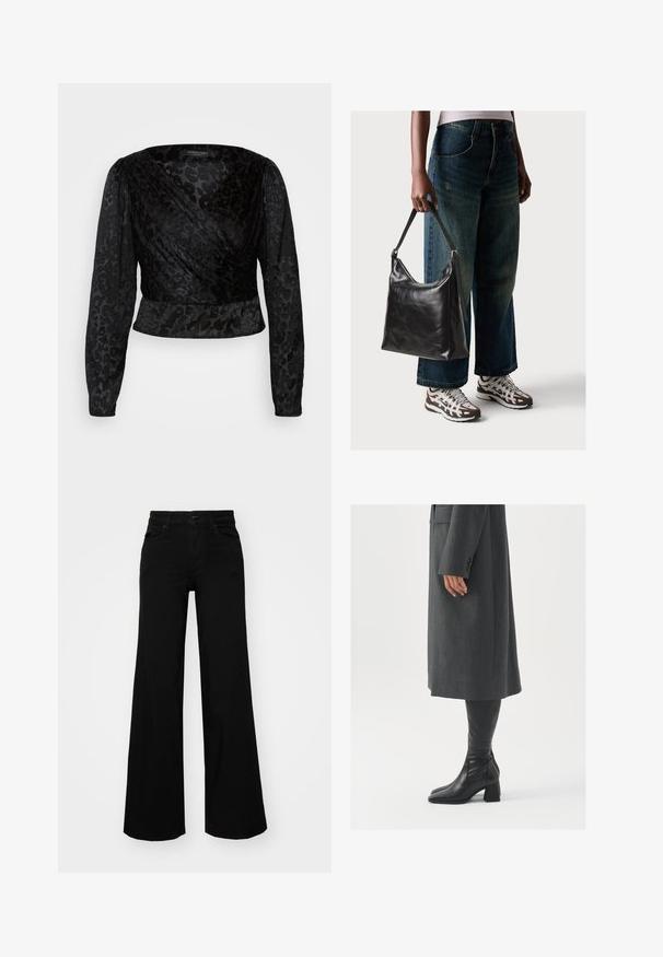 Top preto envolto com mangas longas transparentes e um padrão leopardado texturizado. O tecido é liso com uma silhueta justa e um design em v.; Calças largas pretas em denim, com uma cintura estruturada, passantes para cinto e bolsos frontais. Textura suave com um design clássico.; Casaco cinza, ajustado, com corte reto; combinado com botas de couro pretas até ao joelho, com biqueira quadrada e salto grosso.; Bolsa de ombro em couro preto com textura suave e alça ajustável, combinada com jeans de perna larga desbotados e ténis desportivos.