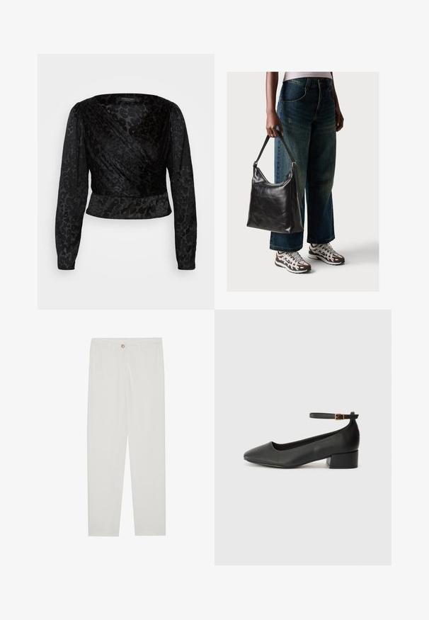 Black wrap top featuring long sheer sleeves and a textured leopard pattern. The fabric is smooth with a fitted silhouette and v-neck design.; White, tailored trousers with a straight leg design, featuring a button closure, belt loops, and side pockets; smooth fabric texture.; Black leather pump with a pointed toe and a low block heel. Features an ankle strap with a gold-tone buckle. Smooth texture.; Black leather shoulder bag with a smooth texture and adjustable strap, paired with faded wide-leg jeans and athletic sneakers.