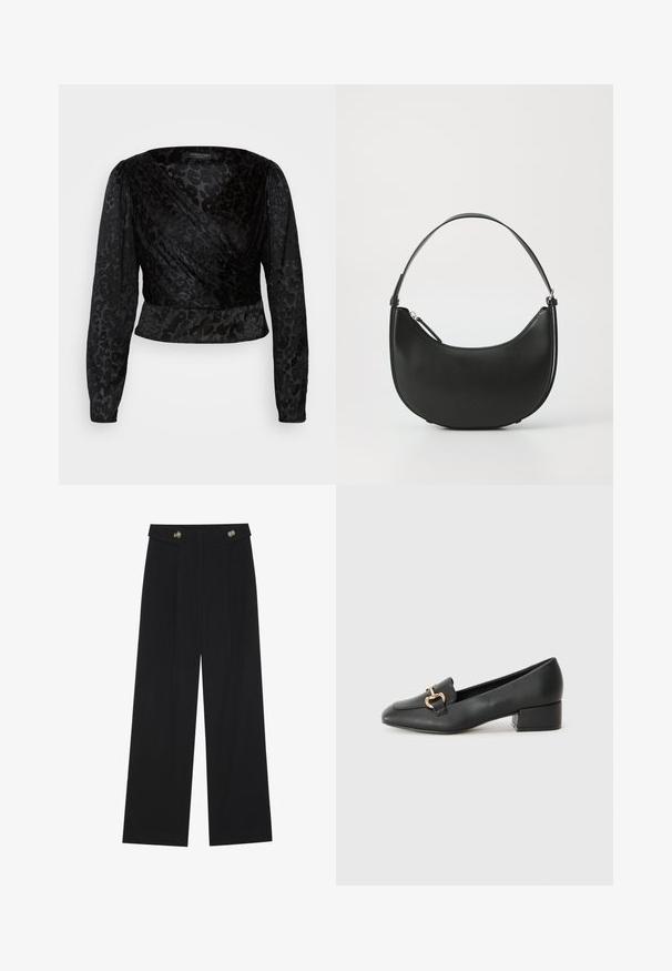 Schwarzes Wickeloberteil mit langen, transparenten Ärmeln und einem strukturierten Leopardenmuster. Der Stoff ist glatt, hat eine taillierte Silhouette und ein V-Ausschnitt-Design.; Schwarze weite Hosen mit hoher Taille, Knopfdetails am Bund und vorderen Falten.; Schwarze Lederloafers mit flachem Absatz, die auf der Vorderseite ein dekoratives goldfarbenes Hardware-Detail und eine glatte Textur aufweisen.; Schwarze Leder-Umhängetasche mit geschwungener Form, schlankem Henkel und Reißverschluss. Hat eine glatte Textur und dezente Logodetails.