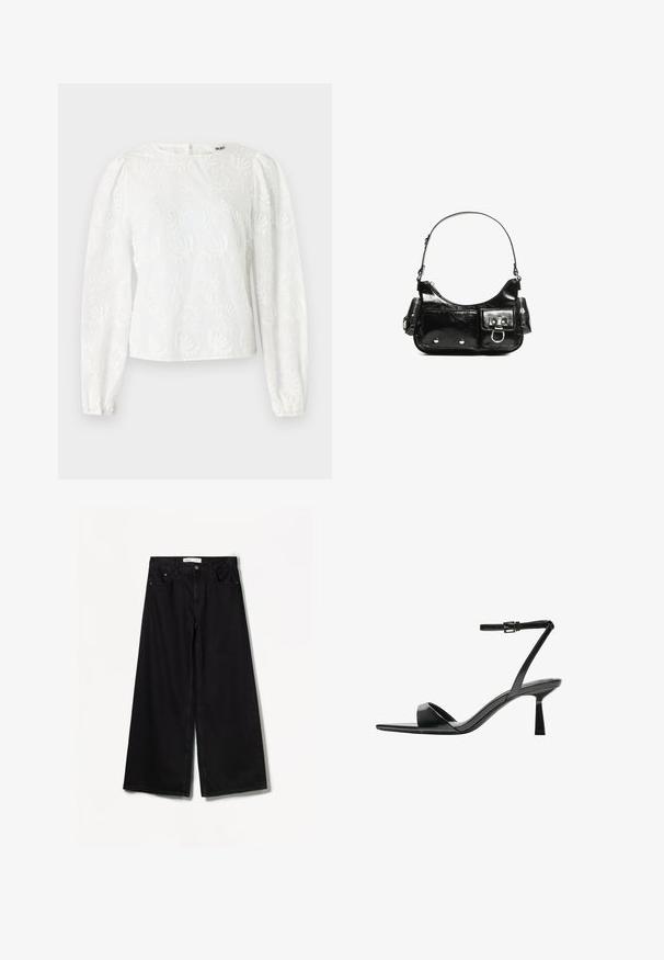 Biela blúzka s dlhými zakrivenými rukávmi, ktorá má vyšívané kvetinové vzory a okrúhly výstrih. Zapínanie na zips na chrbte.; Bershka WIDE-LEG - Široké nohavice - black; Bershka Sandále na vysokom opätku - black; Čierna laková kožená kabelka s ohnutým tvarom, jedným ramenným popruhom, prednými vreckami a striebornými kovovými doplnkami.