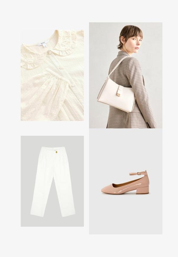 Kremasta bluzica z dekorativnim vezenim nabranim ovratnikom, zapenjanjem na gumbe in teksturirano tkanino s poudarjenimi pikami in naborki.; Bela široka hlače iz gladke tkanine. Imajo en rumen gumb za zapiranje in plisiran sprednji del. Nobenih vidnih žepov.; Patentna usnjena rožnata balerina z zaobljenim nosom, trakovi okoli gležnja in nizko blok peta. Gladka tekstura in minimalističen dizajn.; Bela usnjena torba s strukturirano zasnovo, opremljena z magnetnim zapiranjem in naramnico, prikazana na nevtralni ozadju.