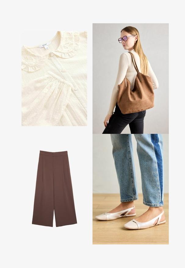 Cremfarbene Bluse mit einem dekorativen, bestickten Rüschkragen, Knopfverschluss und strukturiertem Stoff mit erhabenen Punkten und Falten.; Braune Weite-Leg-Hosen mit einer glatten Textur, hoher Taille und Vorderfalten. Der Stoff ist leicht und fällt locker.; Blassrosa Slingback-Ballerinas mit spitzem Punkt, aus einem glatten, lederähnlichen Material. Mit Ausschnitten an den Seiten und einem flachen Absatz.; Braune Wildleder-Tasche mit weicher Textur, großer Öffnung und langen Trägern. Sie verfügt über ein simples Design mit sichtbarem Stich und ohne Beschläge.