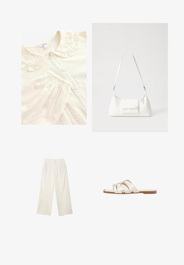 Blusa cremosa con colletto decorativo ricamato a volant, chiusura con bottoni e tessuto testurizzato con puntini in rilievo e pieghe.; Pantaloni a gamba larga in tessuto crema con una texture liscia, caratterizzati da un singolo bottone frontale, pieghe sottili e un design a vita alta.; Infradito con suola in gomma color talpa, progettate con tre cinturini in pelle bianca sovrapposti e un piccolo dettaglio a fiocco al centro.; Borsa sintetica bianca a forma triangolare, con patta anteriore piatta e dettaglio a fiocco, tracolla regolabile, texture liscia e design minimalista.