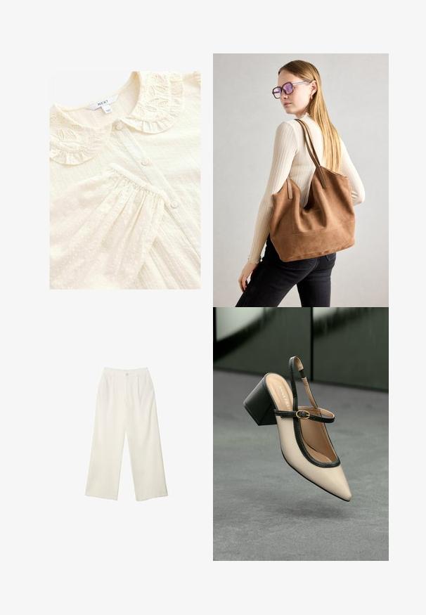 Cream blouse with a decorative, embroidered ruffled collar, button closure, and textured fabric featuring raised dots and pleats.; Wide-leg trousers in cream fabric with a smooth texture, featuring a single front button, subtle pleats, and a high waist design.; Beige pointed-toe slingback shoe with black trim, gold buckle, and a chunky block heel on gray floor with dark green background.; Brown suede tote bag with soft texture, large opening, and long straps. Features a simple design with visible stitching and no hardware.