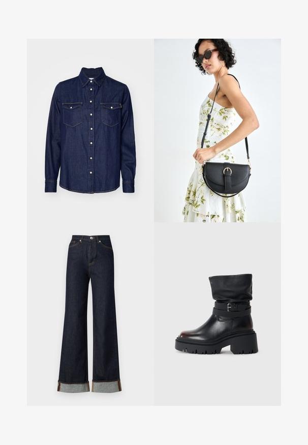 Dark denim shirt with long sleeves, a pointed collar, two chest pockets, and contrasting orange stitching along the seams. Button closure.; Vero Moda VMTESSA WIDE FOLD UP - Wide Leg - dark blue denim; Black leather ankle boot with a slouchy upper, buckle detail, and thick, rugged sole. Features a round toe and smooth texture.; Black leather handbag with a curved shape, detachable strap, and gold hardware. The bag features a flap with a buckle detail.