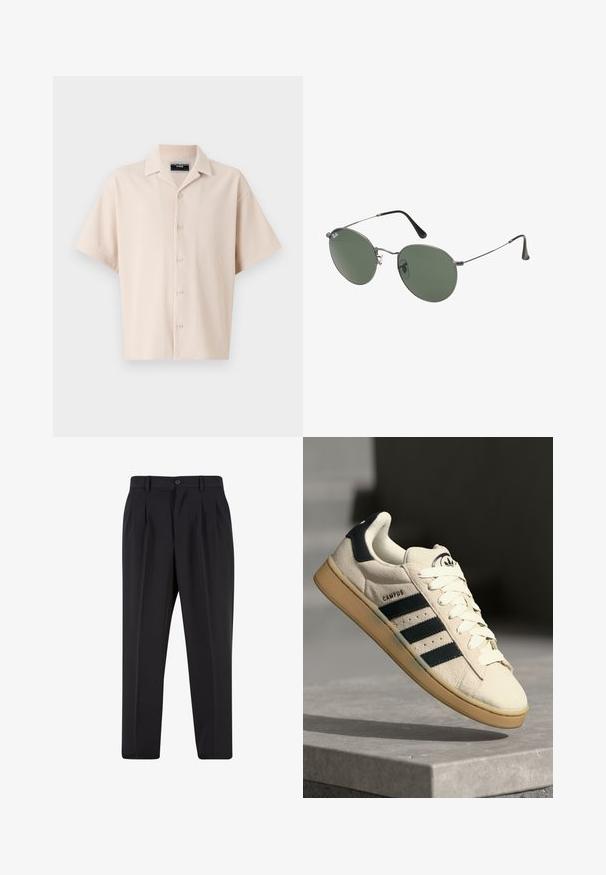 Šviesiai ruda trumpomis rankovėmis marškinėliai su apykaklės iškirpte, su vertikaliomis juostelėmis, mygtukų užsegimu ir laisvu siluetu. Lygus paviršius.; Balta medvilninė marškinė su trumpomis rankovėmis, apvaliu iškirpimu ir laisvu siluetu. Lygus paviršius be matomų raštų ar akcentų.; Juodi kelnių su raukšlėtu priekiu dizainu, pagaminti iš lygaus audinio. Su mygtuko užsegimu ir diržo kilpomis; tiesios kojų formos.; Kreminio veliūro sportbačiai su trimis tamsiai mėlynomis juostelėmis, baltais raišteliais ir šviesiai rudais guminiais padais. Ant liežuvėlio yra logotipas ir užrašas "CAMPUS".; Metaliniai akiniai su ovaliais žaliais lęšiais. Plonas sidabro spalvos metalinis rėmas ir juodi ausų laikikliai. Minimalistinis dizainas, be matomų logotipų.