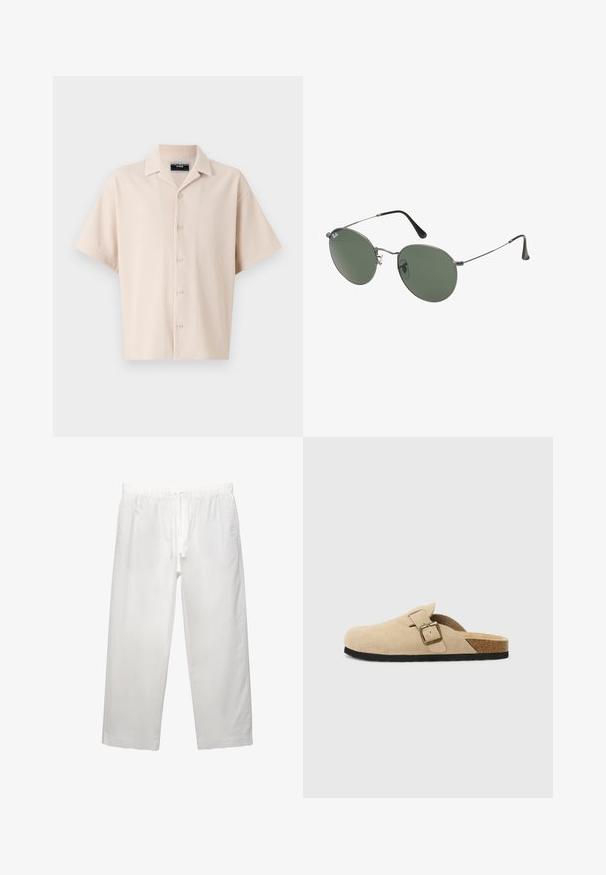 Béžová košeľa s krátkym rukávom a golierom, s vertikálnymi pruhmi, s gombíkovým zapínaním a voľným strihom. Hladká textúra.; Biele bavlnené tričko s krátkymi rukávmi, okrúhlym výstrihom a voľným strihom. Hladká textura bez viditeľných vzorov alebo akcentov.; Biele ľanové nohavice s elastickým pásom a šnúrkou, širokým strihom a čistými švami. Hladká textúra s ležérnym strihom.; Bežové semišové clogs na klinoch so korkovou stielkou, zaoblenou špičkou a jednoduchým remienkom so zlatým sponou. Gumová podrážka pre lepšiu priľnavosť.; Sunglass s metalovým rámom s oválnymi zelenými šošovkami. Tenký strieborný kovový rám a čierne štuple za uši. Minimalistický dizajn, bez viditeľných log.