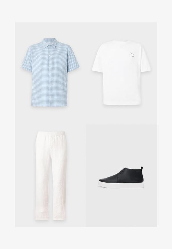Cămașă cu manșete scurte, în nuanțe de albastru deschis și alb cu un model în carouri, realizată dintr-un material ușor, cu un guler ascuțit și placket frontal.; Tricou din bumbac alb, cu o croială lejeră, mâneci scurte și decolteu în V. Are două logo-uri mici imprimate în negru pe partea stângă.; Pantaloni din in alb cu talie elastică, design cu picioare drepte și țesătură ușor texturată. Fără modele sau detalii suplimentare.; Adidași negri din piele, cu vârf înalt, finisaj neted, talpă din cauciuc alb și un design simplu cu șireturi. Au un tab de prindere în partea din spate.