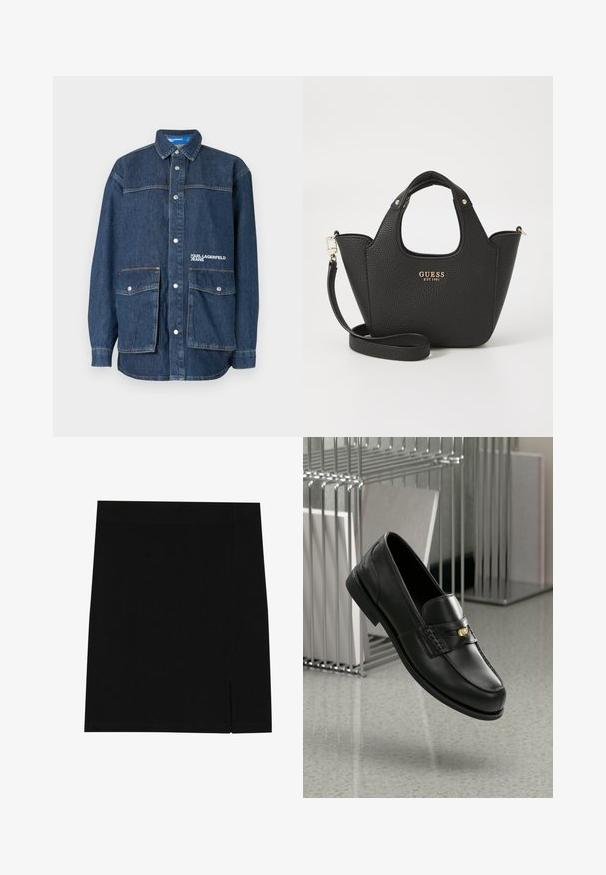 Sötétkék farmerdzseki pattintós gombokkal, két nagy első zsebfedővel és "Karl Lagerfeld Jeans" hímzéssel a mellzseben.; Fekete mini szoknya puha anyagból, testhez álló szabással, az oldalon enyhe hasítékkal a különleges részletek érdekében.; Fekete bőr loaferek sima felülettel, dekoratív sávval és kis arany kiegészítővel. Az talp lapos, kerek orrú.; Fekete textúrájú kézi táska rövid fogantyúkkal és levehető vállpánttal. Arany logó díszítéssel rendelkezik. Kompakt, strukturált forma.