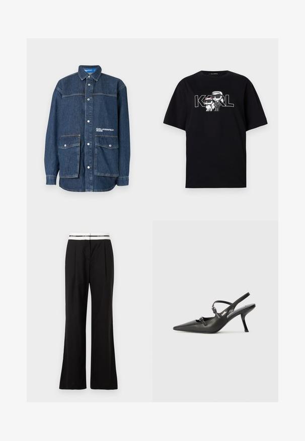 Dunkelblaue Jeansjacke mit Druckknöpfen, zwei großen aufgesetzten Fronttaschen und "Karl Lagerfeld Jeans" bestickt auf der Brusttasche.; Schwarzes Baumwoll-T-Shirt mit einem grafischen Druck von zwei Cartoon-Figuren mit Sonnenbrillen, begleitet von dem Text "KARL" in fetten Buchstaben.; Schwarze Hosen mit lockerem Schnitt, ausgestattet mit einem weißen elastischen Bund mit Branding. Hergestellt aus glattem Stoff mit leichtem Glanz.; Schwarzlederne Slingback-Absätze mit spitzer Zehenform, schlankem Absatz und dekorativem Schnallendetail auf dem Blatt. Glatte Textur und elegantes Design.