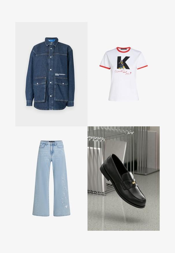 Donkerblauwe spijkerjack met drukknopen, twee grote voorzakken met klep en "Karl Lagerfeld Jeans" geborduurd op het borstzakje.; Witte katoenen t-shirt met een rode halslijn en mouwzoom. Voorzien van een zwarte 'K' en een Donald Duck graphic met een handtekening in het rood.; Lichtblauwe wijde jeans van denim met gestikt "Donald en Daisy" tekst op het linkerbeen. Voorzien van een klassieke vijf-pocketontwerp en riemlussen.; Zwarte leren loafers met een gladde afwerking, voorzien van een decoratieve band en een kleine gouden accenten. De zool is plat met een ronde neus.