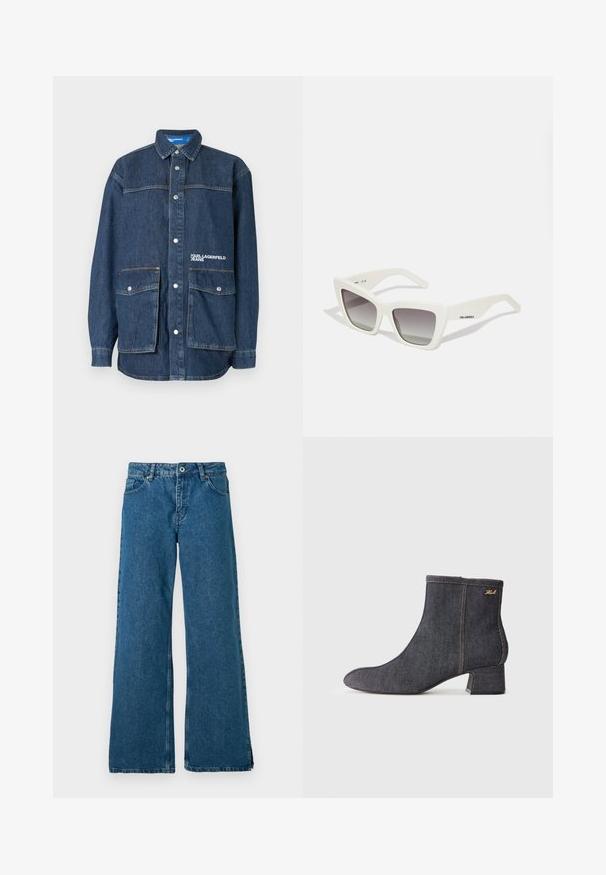 Temno moder denim suknjič z gumbi na klik, dvema velikima sprednjima žepoma z zaponkami in izvezenim napisom »Karl Lagerfeld Jeans« na prsnem žepu.; Široke modre jeans hlače iz denima s klasičnim pet-pocket dizajnom, ki vključujejo sprednji gumb in zadrgo ter subtilno zbledelo teksturo.; Temno jeans škornji do gležnja s koničastim nosom, blok peto, vidnim šivanjem in subtilnim logotipom blagovne znamke na strani. Gladka tekstura.; Bela prevelika sončna očala z mat površino, angularno obliko, gradientnimi sivozelenimi lečami in subtilnim logotipom na ročaju.; Črna lakasta usnjena torbica s trikotno obliko, opremljena z zgornjim zadrgo in nastavljivim trakom. Logotip "KARL LAGERFELD JEANS" v srebrni barvi.