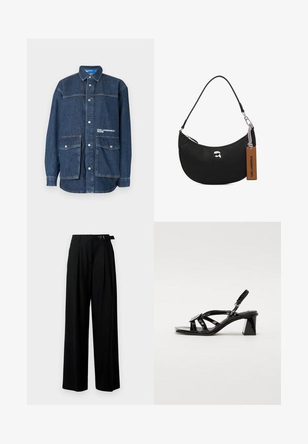 Ciemnoniebieska kurtka dżinsowa z zatrzaskami, dwie duże przednie kieszenie z klapkami oraz haftem "Karl Lagerfeld Jeans" na kieszeni na piersi.; Czarne spodnie szerokie w nogawkach z wysokim stanem, z plisami z przodu oraz paskiem z klamrą. Wykonane z gładkiego, lekkiego materiału.; Czarne lakierowane sandały na wysokim obcasie z otwartym palcem, szerokimi paskami, regulowanym zapięciem i geometrycznym słupkowym obcasem.; Czarna skórzana torba o fakturze powierzchniziwczyni, o zaokrąglonym kształcie, zamykana na zamek błyskawiczny na górze, z metalowymi elementami w kolorze srebrnym i brązową metką. Posiada akcent logo.