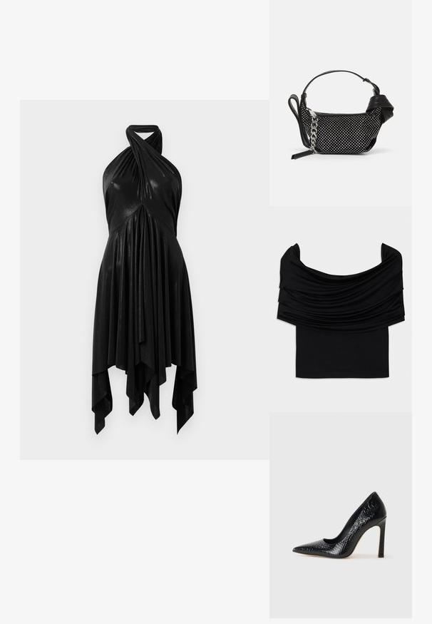 Černý top bez ramínek s přehnutou tkaninou, měkkou strukturou a přiléhavým střihem. Disponuje hladkým, minimalistickým lemem v oblasti pasu.; Černé halter šaty s draped designem. Vyrobené z lesklého materiálu, s propleteným výstřihem a asymetrickým lemem. Hladká textura.; Černý lodičkový bot s špičatou špičkou, pokrytý texturou krokodýlí kůže, s elegantním designem, vysokým stiletto podpatkem a hladkým černým interiérem.; Černá kabelka s texturovaným designem, zdobená stříbrnými hroty a masivním stříbrným řetízkem. Má elegantní, minimalistický tvar.