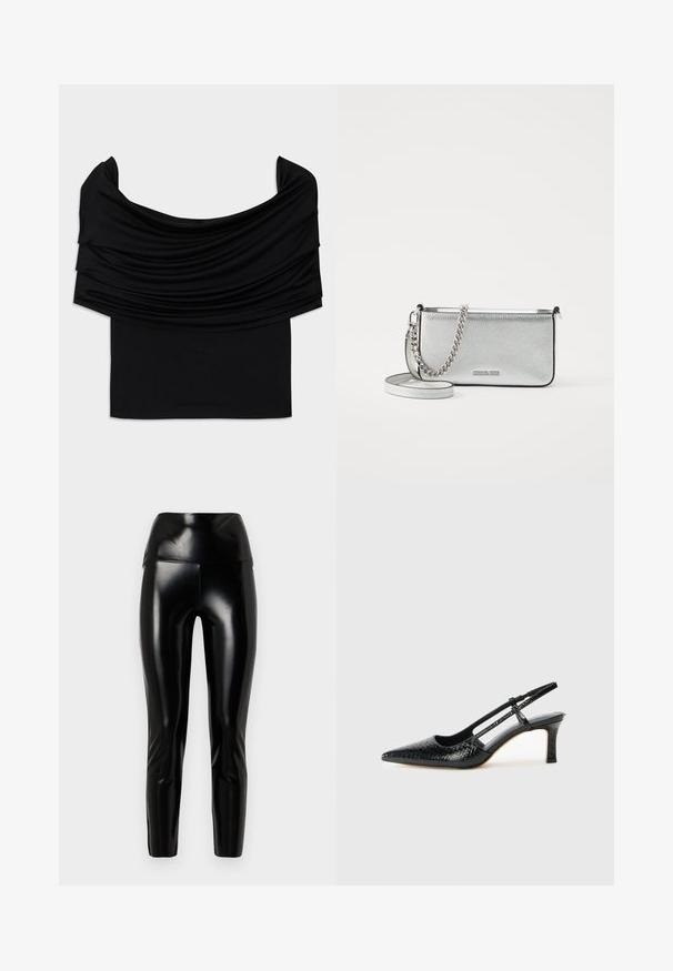 Top preto com alças caídas, tecido drapeado, textura suave e design ajustado. Apresenta uma bainha lisa e minimalista na cintura.; Leggings pretos em pele sintética com cintura alta, textura suave, pernas ajustadas e acabamento brilhante. Sem costuras visíveis ou adornos.; Salto slingback em patente preta com bico apontado, apresentando um padrão de pele de cobra texturizado, tira ajustável e um salto bloco curto e texturizado.; Bolsa crossbody de couro prateada com um acabamento texturizado, detalhes em corrente e alça, e fecho de zíper. Apresenta um logotipo na parte da frente.