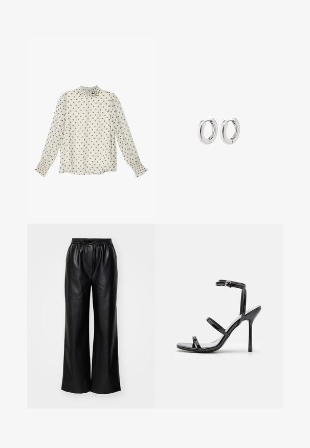 Kerge kreemjas pluus hallide täppidega, kõrge kaelusega rüüsile, pikad varrukad kogutud mansettidega, kerge kangas.; Mustad nahast laiad püksid elastse vöö ja reguleeritava nööriga; sile pind ja puhast, minimalistlikku disaini.; Mustad nahast kõrge kontsaga sandaalid, millel on kolm horisontaalset rihma ja reguleeritav pahkluuri rihm. Sleek siluett ja läikiv viimistlus.; Hõbedased rõngassüstid läikiva viimistlusega, millel on ümmargune disain ja sujuvad hinged, mis näitavad sileda tekstuuri.