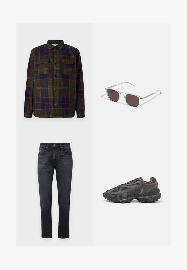 Camicia di flanella a quadri in verde scuro, navy e bordeaux con apertura a bottoni, due tasche sul petto e colletto classico. Finitura in tessuto testurizzato.; Jeans in denim nero con taglio dritto, caratterizzati da un design a cinque tasche e una chiusura con cerniera. Leggere sfumature e dettagli di cucitura sulle tasche.; Sneaker Lacoste grigie scure in materiale mesh e sintetico, con suola testurizzata e dettagli marroni sul colletto e sul branding.; Occhiali da sole trasparenti in plastica con lenti rettangolari marroni, dotati di sottili aste trasparenti e dettagli in metallo sulle tempie.
