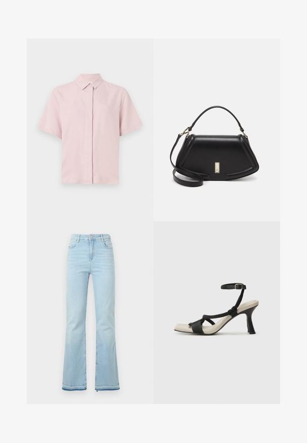 Camicetta rosa chiaro a maniche corte con colletto classico e chiusura frontale con bottoni. Realizzata in tessuto morbido con una vestibilità leggermente rilassata.; Jeans flare azzurri in denim, caratterizzati da una vita alta, tasche anteriori e un orlo grezzo ai polsini per un look casual.; Sandal con tacco nero e design con cinturino intrecciato, punta quadrata e cinturino alla caviglia regolabile. Soletta beige chiaro con tacco nero lucido.; Borsa a mano in pelle nera con un design strutturato, caratterizzata da una forma corta, manico superiore e accessori in metallo dorato. Inclusa tracolla regolabile.