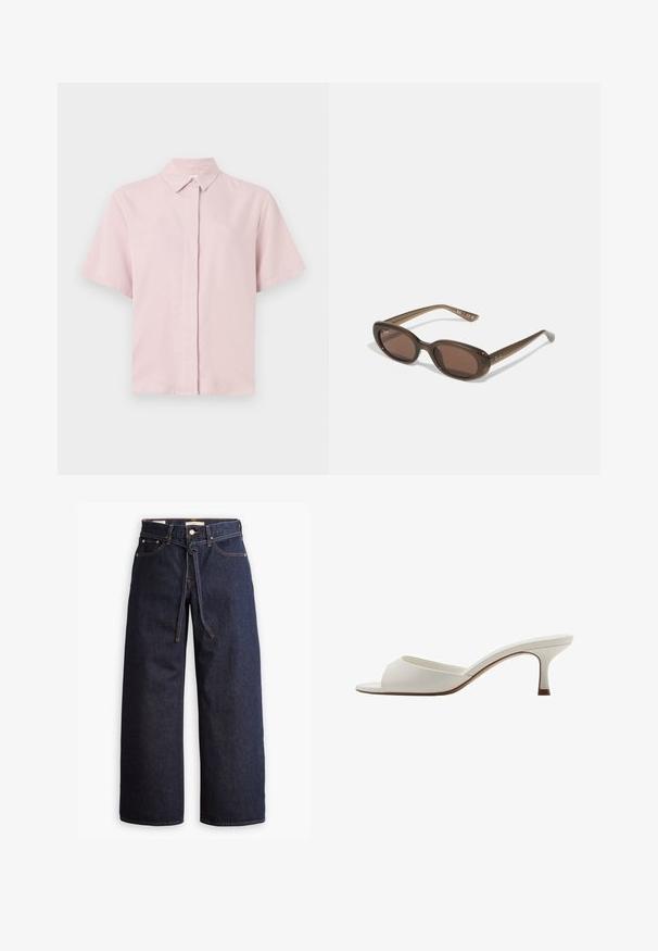 Světle růžová košile s krátkým rukávem, klasickým límečkem a zapínáním na knoflíky. Vyrobena z hladkého materiálu s mírně uvolněným střihem.; Široké tmavě modré džíny se zvýšeným pasem, opatřené stahovací šňůrou, pěti kapsami a kontrastním prošíváním.; Bílé otevřené lodičky na vysokém podpatku s hladkým povrchem, minimalistickým designem a štíhlým podpatkem, se slabým hnědým akcentem na podrážce.; Hnědé oválné sluneční brýle s tmavými skly. Rámeček je z průhledného hnědého materiálu a má na stranách potisk s logem.; Zelená kožená kabelka s hladkou texturou, zakřiveným tvarem a pleteným držadlem. Obsahuje zipové uzávěr a nastavitelný popruh.