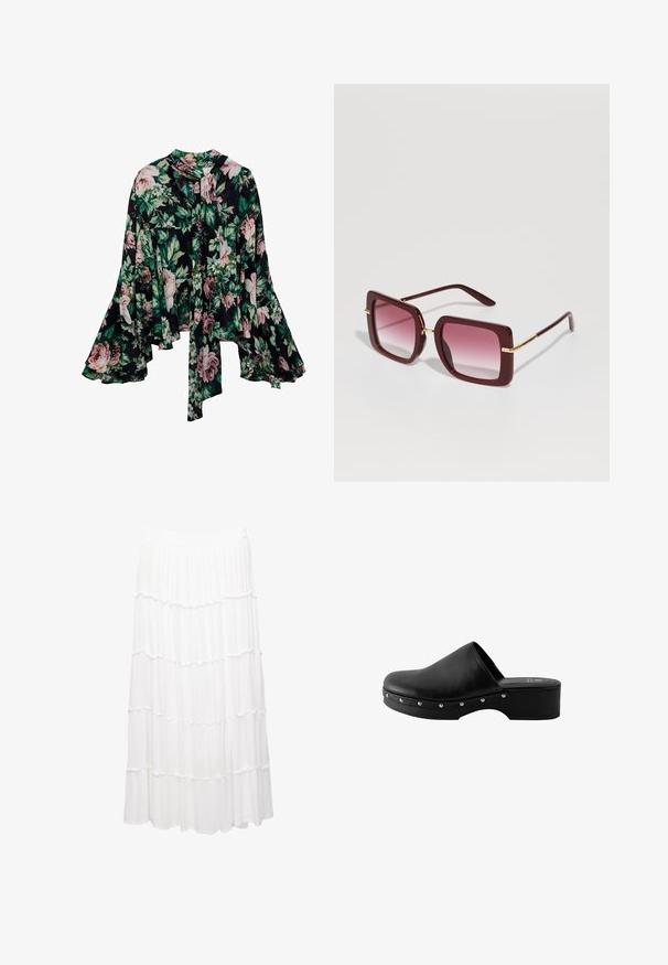 Blommig blus med svart bakgrund och stora rosa och gröna blommönster, långa klockärmar och en knytning vid halsen. Lätt tygt.; Vit lagerkjol tillverkad av lättviktigt tyg, med ett elastiskt midjeband, volanglager och en flytande design som sträcker sig till mitten av vaden.; Svart läderklack med upphöjd platå, rund tå och dekorativa silvernitar längs sidan. Slät yta och minimalistisk design.; Dolce&Gabbana Solglasögon - bordeaux
