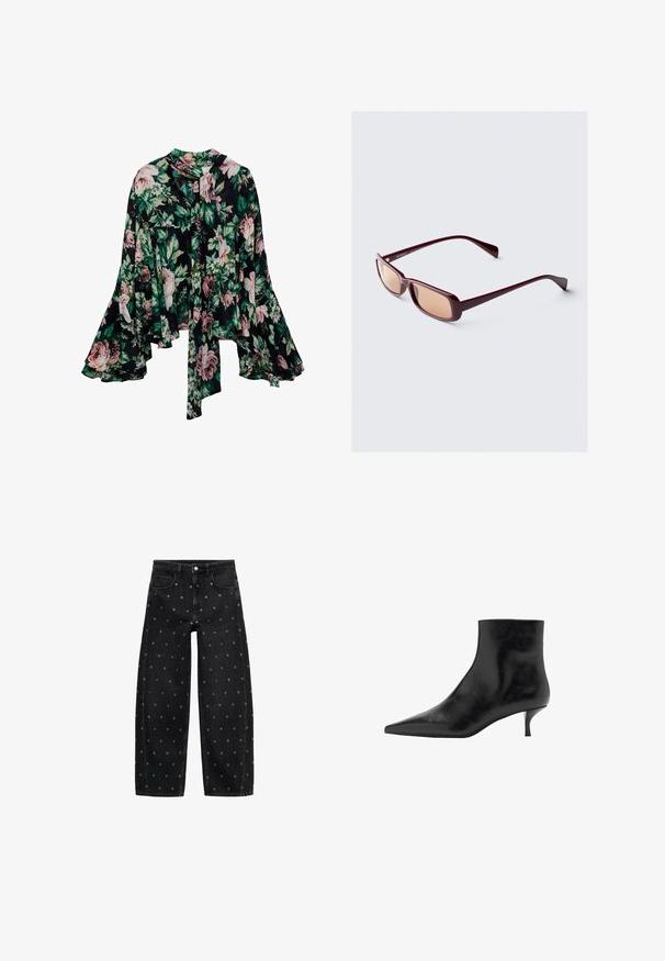 Blusa floreale con sfondo nero e grandi motivi floreali rosa e verdi, maniche a campana lunghe e un dettaglio del collo legato. Tessuto leggero.; Jeans a gamba larga in denim nero con un motivo di piccoli occhielli in argento, dotati di un classico design a cinque tasche e chiusura con bottone.; Stivale alla caviglia in pelle nera con punta affusolata, tacco a kitten slim e superficie liscia. Design semplice, senza decorazioni.; Occhiali da sole bordeaux con montatura rettangolare, lenti sfumate e aste eleganti. Il materiale ha una finitura liscia e lucida.