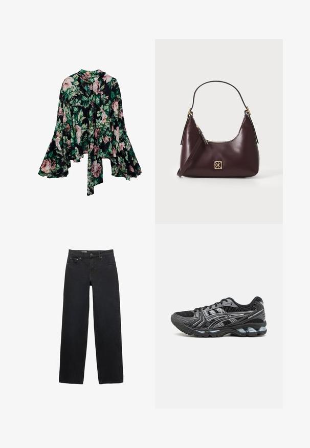 Blouse fleurie avec un fond noir et de grands motifs floraux roses et verts, à manches longues évasées et un détail à nouer à l'encolure. Tissu léger.; Jean large noir en denim, doté de cinq poches, d'une fermeture à bouton, de coutures discrètes et d'une coupe droite de la taille à l'ourlet.; Chaussure de sport noire avec tige en mesh, accents argentés et semelle rembourrée. Présente un design à lacets et une semelle texturée pour une meilleure adhérence.; Sac à main en cuir bordeaux avec une forme incurvée, accents dorés sur la quincaillerie et une fermeture éclair. Dispose d'une bandoulière amovible.