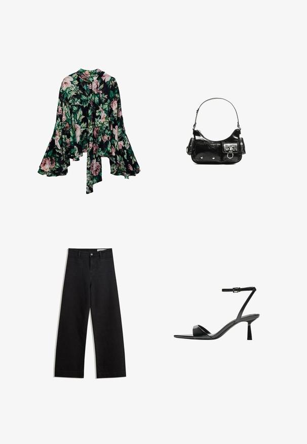 Bloes met bloemenpatroon op een zwarte achtergrond, grote roze en groene bloemdecoraties, lange klokmouwen en een strikdetail bij de hals. Lichtgewicht stof.; Zwarte denim broek met wijde pijpen en een hoge taille, voorzien van voor- en achterzakken, gestikte naden en een knoopsluiting. Gladde textuur.; Bershka Sandalen met hoge hak - black; Zwarte laarzen in lakleer met een gebogen vorm, één schouderband, voorvakken en accenten in zilverkleurig metaal.