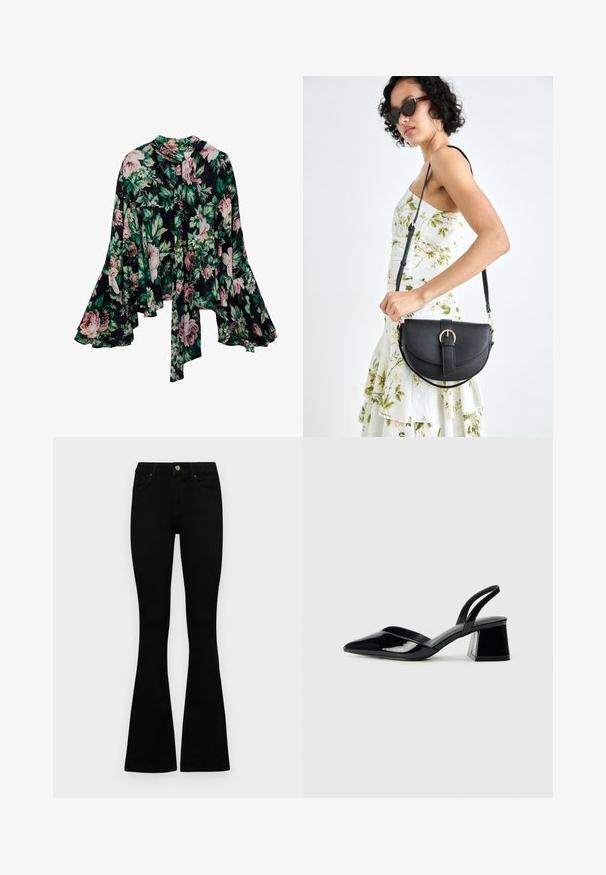 Bloes met bloemenpatroon op een zwarte achtergrond, grote roze en groene bloemdecoraties, lange klokmouwen en een strikdetail bij de hals. Lichtgewicht stof.; Zwarte hoge taille jeans met een knoop- en ritssluiting, voorzakken en een flared pijp, plat gelegd op een witte achtergrond.; Zwarte gepatineerde leren slingback hakken met een spitse neus en een geometrische blokhak. Kenmerkt zich door een slank, minimalistisch ontwerp en een gladde textuur.; Zwarte leren handtas met een gebogen vorm, afneembare schouderband en gouden hardware. De tas heeft een klep met een gespsluiting.