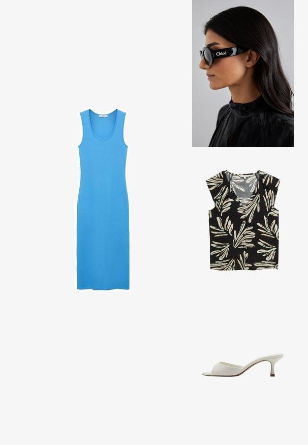 Czarna bluzka z dekoltem w kształcie litery V i rękawami typu cap, z kwiatowym wzorem w odcieniach beżu i jasnoniebieskiego, z guzikami z przodu i luźnym krojem.; Niebieska sukienka tankowa wykonana z gładkiego, elastycznego materiału, z dekoltem w serek i dopasowanym krojem sięgającym kostek. Brak widocznych wzorów lub elementów metalowych.; Białe, otwarte na palcach mule na wysokim obcasie o gładkim wykończeniu, minimalistycznym designie i smukłym obcasie, z subtelnym brązowym akcentem na podeszwie.; Czarne okulary przeciwsłoneczne z okrągłymi soczewkami i odważnymi, kanciastymi oprawkami, na boku z białym napisem "Chloé". Gładkie, błyszczące wykończenie.; Okrągły zegarek stalowy ze stali nierdzewnej z bransoletą metalową w kolorze srebrnym i złotym. Biała tarcza ma złote akcenty oraz bezel wysadzany kryształami.