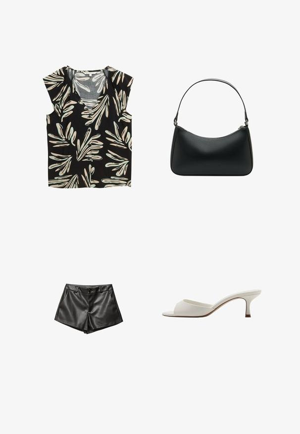 Czarna bluzka z dekoltem w kształcie litery V i rękawami typu cap, z kwiatowym wzorem w odcieniach beżu i jasnoniebieskiego, z guzikami z przodu i luźnym krojem.; Czarne skórzane szorty o dopasowanym kroju, z bocznymi kieszeniami, z przodem zapinanym na guzik oraz gładką, błyszczącą teksturą.; Białe, otwarte na palcach mule na wysokim obcasie o gładkim wykończeniu, minimalistycznym designie i smukłym obcasie, z subtelnym brązowym akcentem na podeszwie.; Czarna skórzana torba na ramię o zakrzywionym kształcie, z pojedynczym płaskim paskiem i zamknięciem na zamek błyskawiczny u góry. Gładka tekstura z minimalnymi detalami metalowymi.