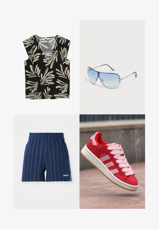Schwarze Bluse mit V-Ausschnitt und kurzen Ärmeln, mit einem floralen Muster in Beige und Hellblau, frontalen Knöpfen und einer lockeren Passform.; Dunkelblaue Shorts mit weißen Streifen, elastischem Bund und Adidas-Logo. Mit blauen Akzenten an den Seiten, aus einem Baumwoll-Mischgewebe gefertigt.; Rote Wildleder-Sneaker mit pinken Akzenten, ausgestattet mit drei weißen Streifen und hellrosa Schnürsenkeln. Weiße Zwischensohle und braune Gummi-Außensohle.; Flugzeugbrille mit einem verlaufenden blauen Glase, silbernem Metallrahmen und dekorativen Sternelementen auf dem Glas. Glattes und elegantes Design.
