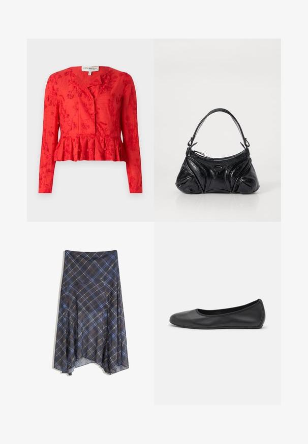 Red peplum blouse with long sleeves, floral embroidery, button closure, and smooth texture. Features a slightly relaxed fit.; Black plaid skirt featuring blue and brown lines, flowing design, mid-length, made from lightweight fabric with a smooth texture.; Black leather ballet flat with a rounded toe, smooth texture, minimal stitching detail, and a flexible sole design.; Black handbag made of textured leather with a rounded shape. Features a thin shoulder strap and decorative embossed patterns.