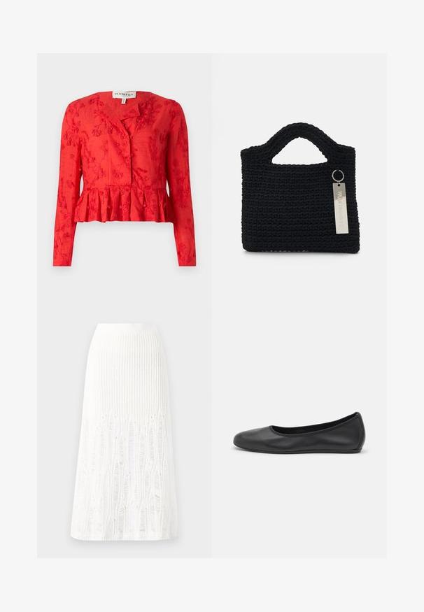 Červená blůza s peplum střihem, dlouhými rukávy, květinovou výšivkou, zapínáním na knoflíky a hladkou texturou. Má mírně uvolněný střih.; Pletená bílá midi sukně s texturovaným vzorem a vertikálními pruhy a výřezovými detaily podél spodního okraje. Elastický pas. Měkký materiál.; Černé kožené baletní byty s kulatou špičkou, hladkou texturou, minimálními švy a flexibilním designem podrážky.; Won Hundred MARSIELLE COMPUTER BAG UNISEX - Taška na laptop - black